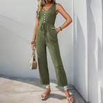 Button-Front Crinkle Sleeveless Jumpsuit with Belt and Pockets - army green