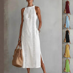 Halter Neck Sleeveless Midi Dress - white