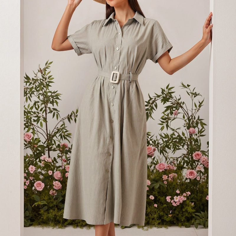 Short-Sleeve Shirt Waist-Cinched Maxi Dress