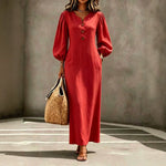 V-Neck Puff-Sleeve Button-Chest Maxi Dress - red