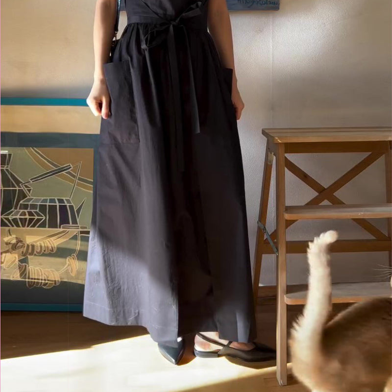 Black Cotton And Linen Side Seam Strapless Maxi Vest Dress