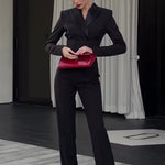 Black Backless Beaded Cropped Blazer & High Waist Pants Set
