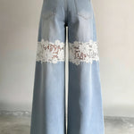 Light Wash Lace Insert Wide Leg Jeans