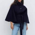 High Neck Batwing Sleeve Coat With Belt - black
