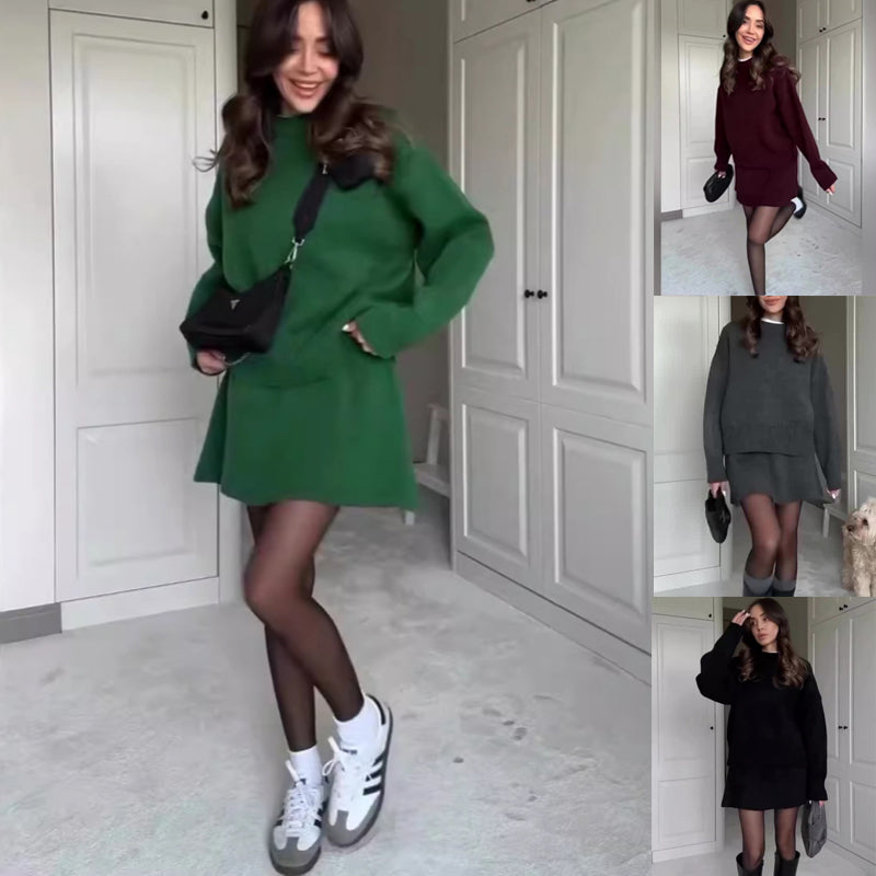 Long Sleeve Pullover Elegant Solid High Waist Mini Skirt Outfit