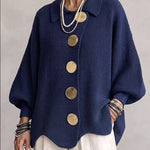 Collared Knit Sweater with Statement Buttons - navy blue