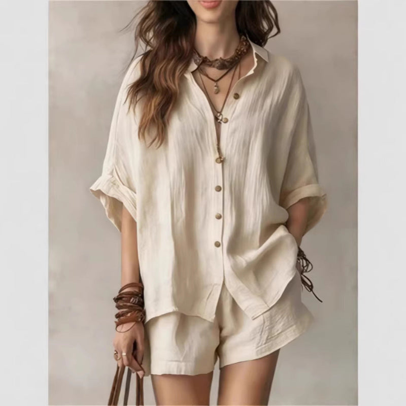 Single-Breasted Short-Sleeved Shirt Wide-Leg Shorts - khaki