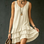 Sleeveless V-Neck Layered Ruffle Mini Dress - white