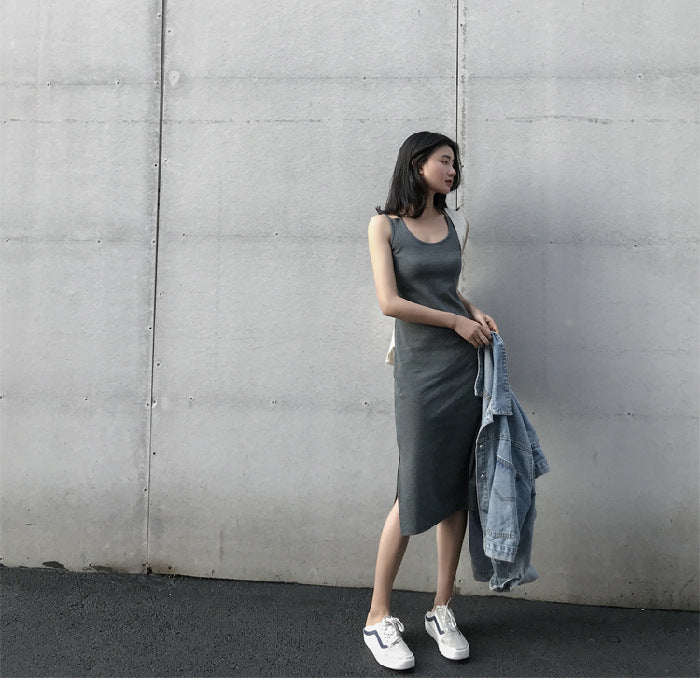 Chic Mid-Length A-Line Strap Dress - grey