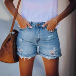 A pair of light blue, mid-waist denim shorts with a straight-leg, wide-leg fit. The shorts feature ripped and distressed details, showcasing a casual street-style look.