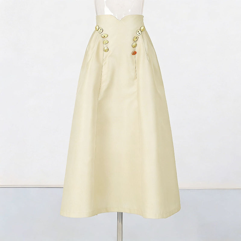 Irregularly Shaped Button-decorated Pleated Midi Skirt