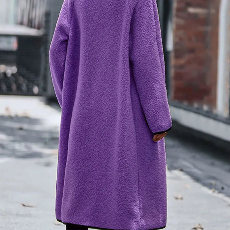 Contrast Trim Long Sleeve Coat with Pockets - runwayfashionista.com