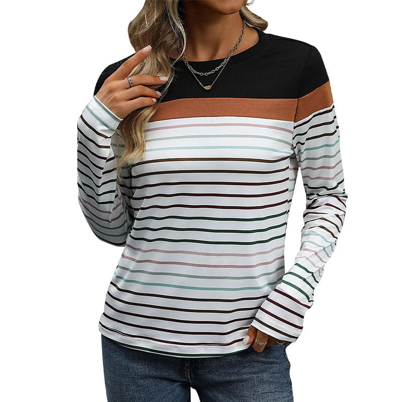 Striped Round Neck Long Sleeve T-Shirt - runwayfashionista.com