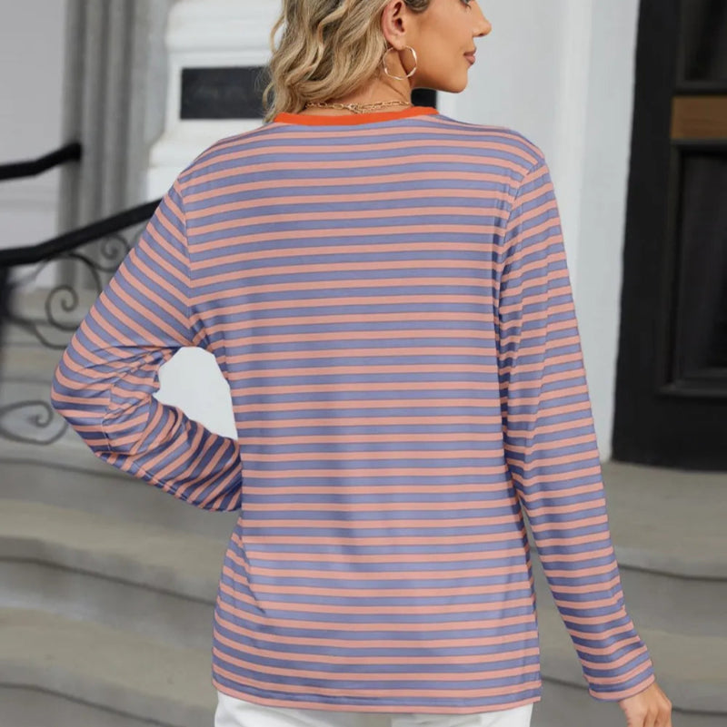 Striped Notched Long Sleeve T-Shirt - runwayfashionista.com