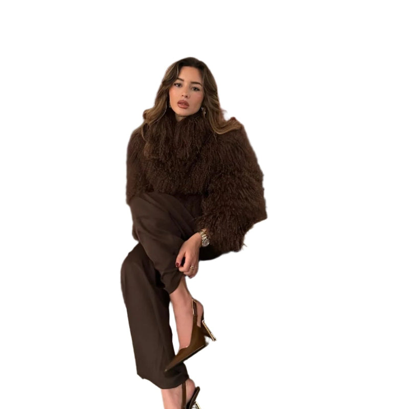 Synthetic Fur Round Neck Long Sleeved Jacket