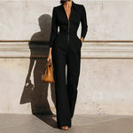 Pointed-Collar Zip-Front Belted Straight Wide-Leg Long-Sleeve Jumpsuit - camel