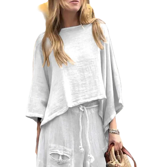 Relaxed Asymmetric Top and Maxi Skirt Set - white