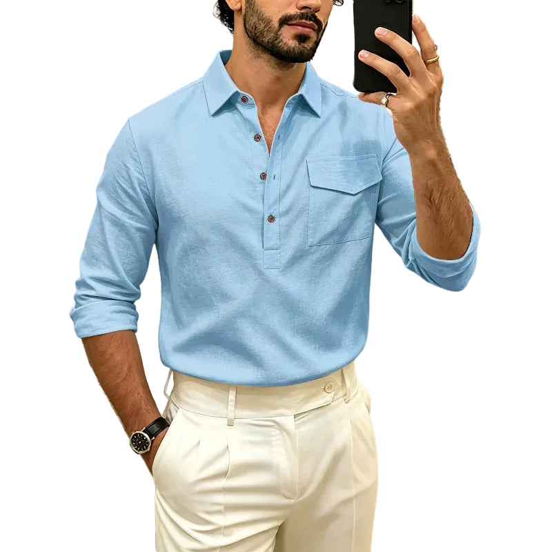 Men's Linen Blend Half-Button Shirt - light blue