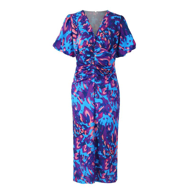 Puffed Short Sleeve Midi Dress - blues