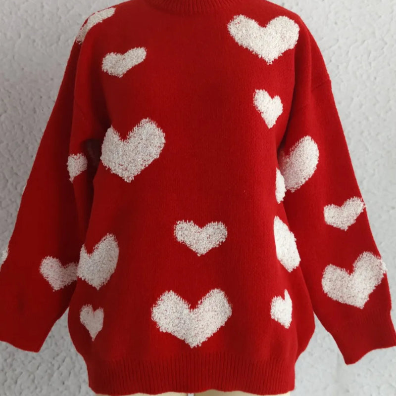 Heart Round Neck Dropped Shoulder Sweater - runwayfashionista.com