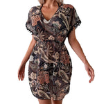 Short-sleeve V-neck Dress With An Elastic Waist - brown