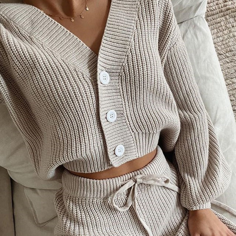 Casual Knitted Long Sleeve Sweater Long Pants Two Piece Set