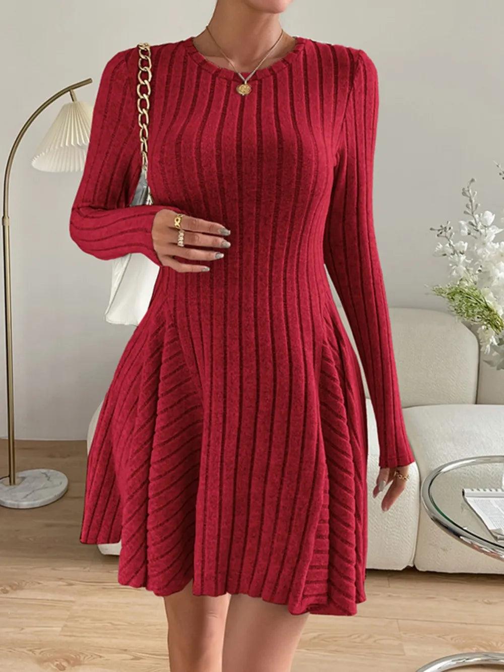 Ribbed round neck long sleeve dress