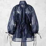 Navy Blue Glossy Organza Self-Tie Bow Neck Balloon-Sleeve Cinched-Waist Asymmetric Blouse