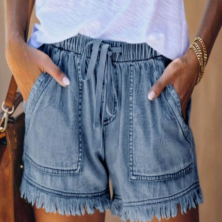 Elastic Waist Fringe Denim Shorts