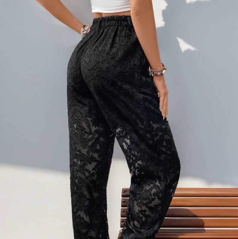 Pocketed Lace Elastic Waist Pants - runwayfashionista.com