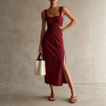 Strap-style Fashionable And Elegant Midi Dress - wine red