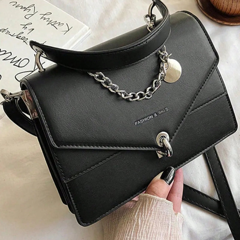 Chain PU Leather Handbag with Detachable Shoulder Strap - Black & Ivory