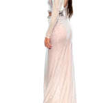 White Waist Cutout Long Sleeve Rhinestone Maxi Dress