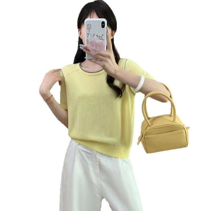 Round Neck Short Sleeve Silk Top