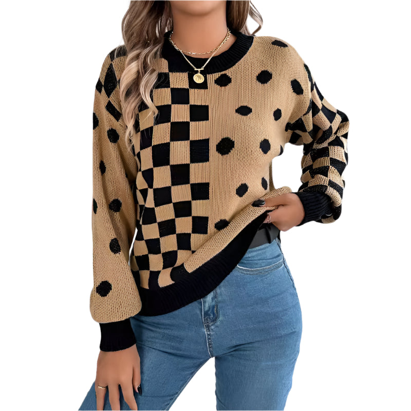 Casual Contrasting Polka Dot Lantern Sleeve Swetaer