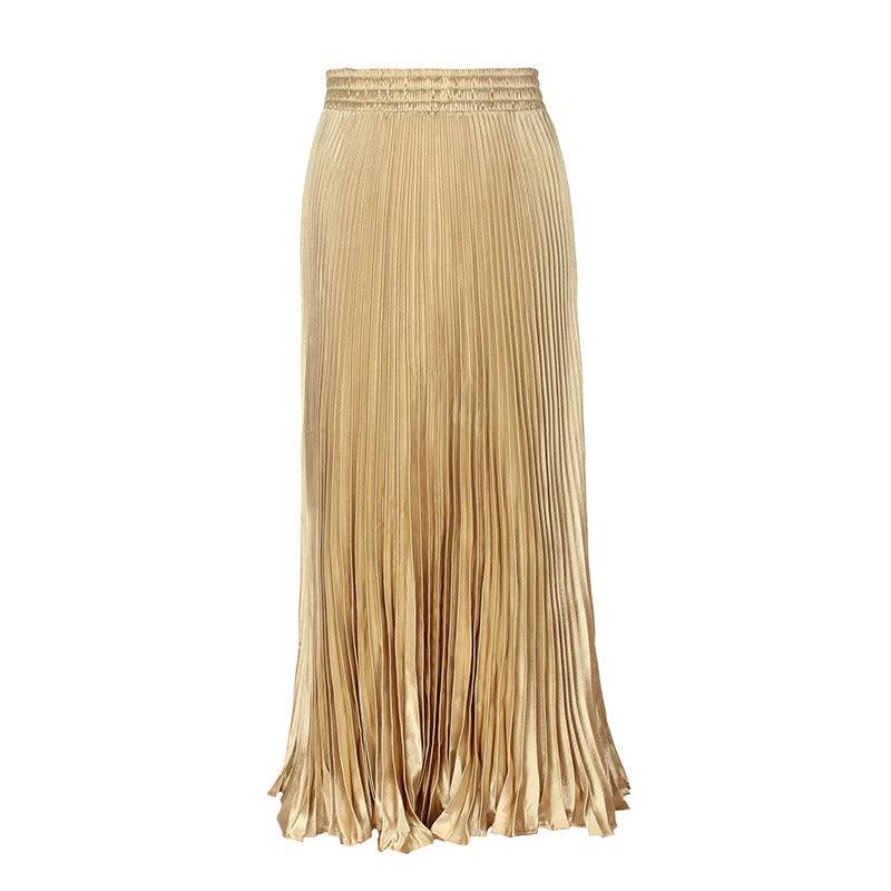 Glossy pleated long skirt