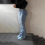 Tribal-Print Yoke High-Rise High-Stretch Flared Floor-Length Denim Jeans — 4 Colours, S–2XL
