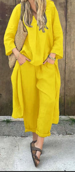 V-neck Long Top And High Waist Wide Leg Pants -yellow