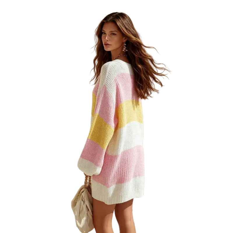 Pastel Striped V-Neck Knit Mini Dress