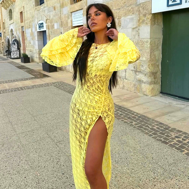 Yellow Lace Midi Dress: Sexy & Elegant Style