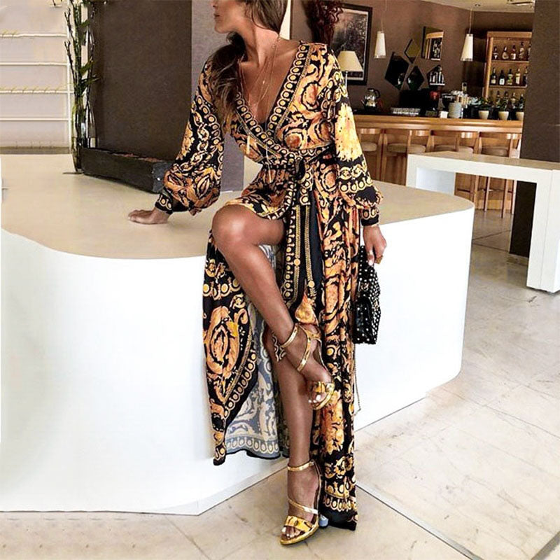 Vintage Gold Print Maxi Dress - runwayfashionista.com