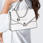 Chain PU Leather Handbag with Detachable Shoulder Strap - Black & Ivory