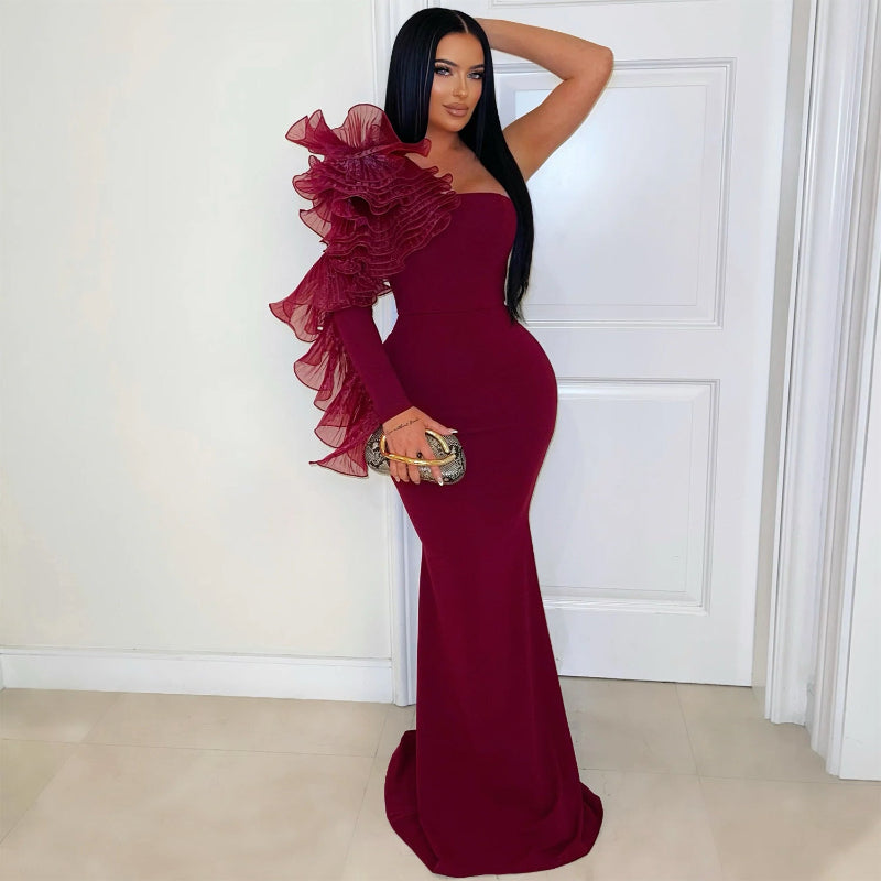Elegant Single Ruffle Sleeve Fitted Maxi Dress Burgundy