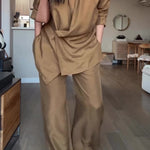 Wrap-style Satin Blouse And Wide-leg Pants Set