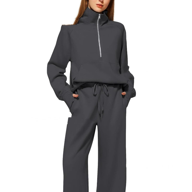 Half Zip Long Sleeve Sweatshirt And Wide Leg Pants Set