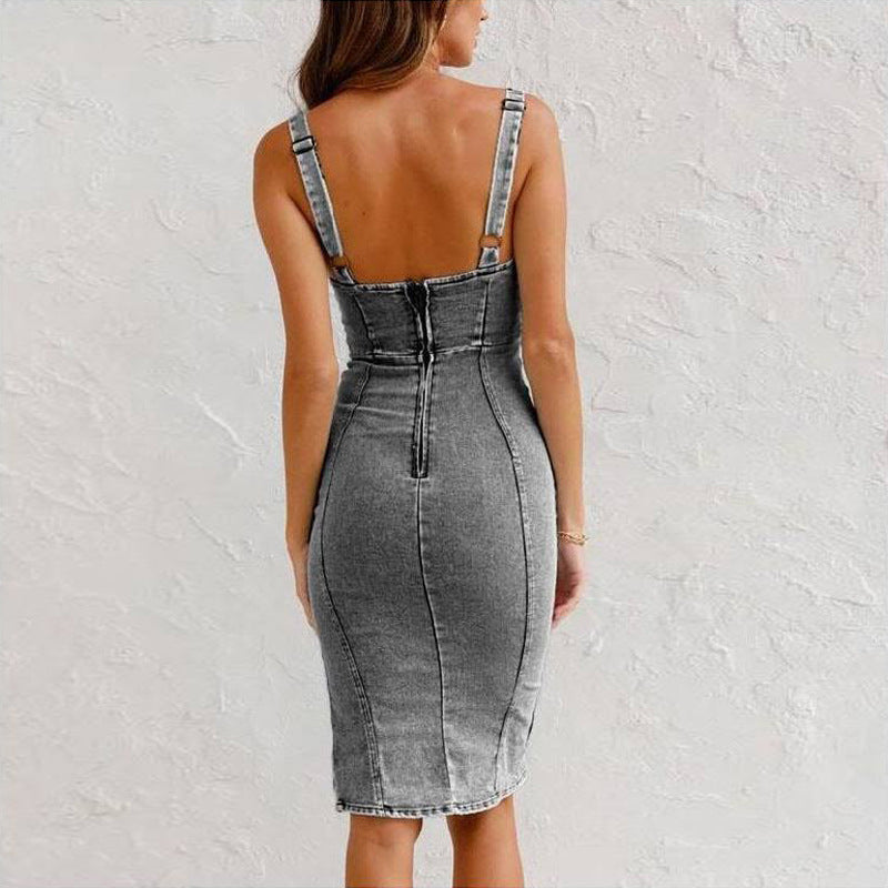 U-neck Suspender Denim Dress - grey