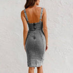 U-neck Suspender Denim Dress - grey
