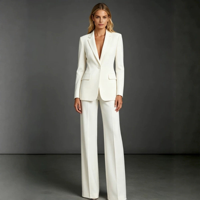 Slim Fit Blazer and Dress Pants Two Piece Office Suit - white