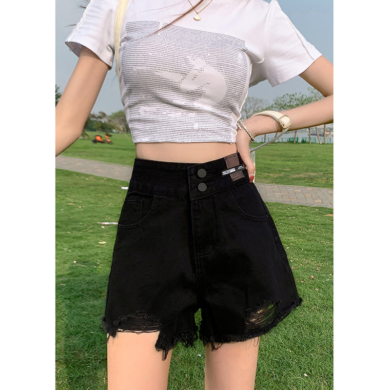 Versatile Casual High-Waisted Double-Button Denim Shorts