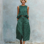 Round Neck Sleeveless Top And Loose Wide-leg Pants - green